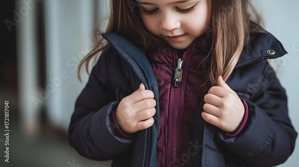Fototapeta Young girl with long brown hair wearing a dark winter jacket, adjusting her coat, showcasing warmth and comfort in a cozy indoor setting with soft lighting and inviting atmosphere