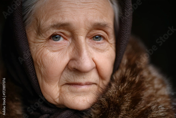 Fototapeta Elderly woman with gray hair, wearing a dark scarf and fur collar, gazes thoughtfully, showcasing wisdom and experience in a close-up portrait with soft lighting