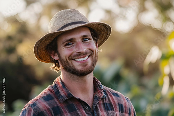 Fototapeta Smiling young man with a beard wearing a straw hat and plaid shirt stands outdoors surrounded by greenery, exuding a warm and friendly atmosphere in a natural setting