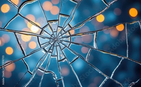 Fototapeta Shattered glass sharp fragments blue bokeh broken