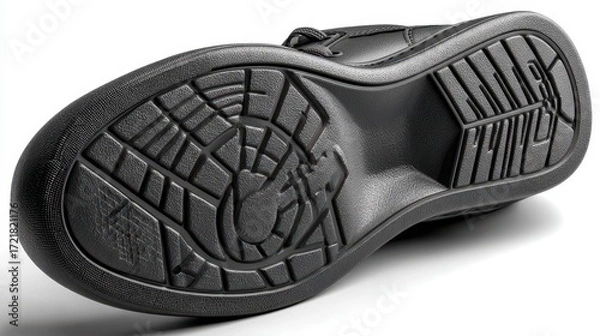 Fototapeta Detailed view of a black shoe sole showcasing intricate tread pattern and design for enhanced traction and durability