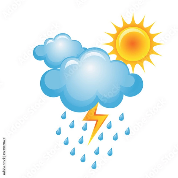 Fototapeta Colorful weather illustration showing sun, clouds, rain drops, and a lightning bolt symbolizing mixed weather conditions.