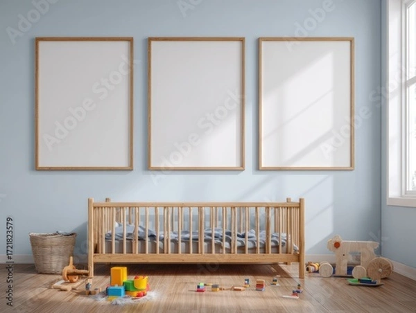 Obraz Three blank picture frames adorn a light blue nursery wall, showcasing a wooden crib and child's toys on a light brown wooden floor.