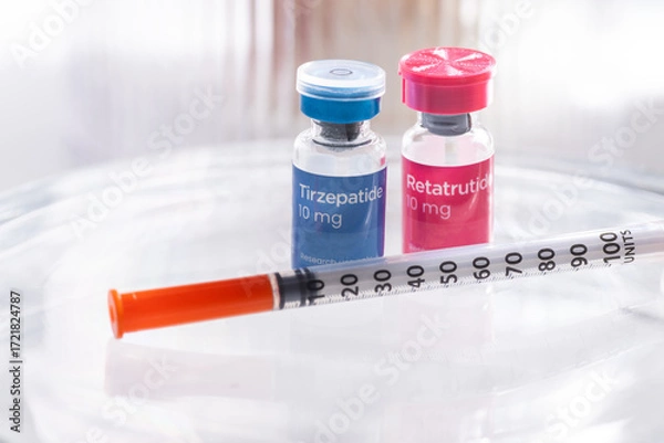 Fototapeta Close up of Vials with Retatrutide and Tirzepatide Research Peptides Next to Syringe