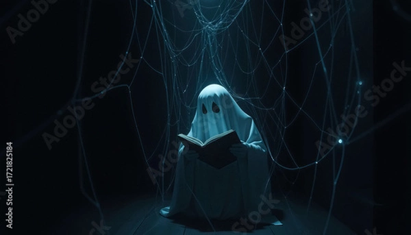 Fototapeta Mysterious ghost reading a book in a dark spooky setting with glowing spiderweb design