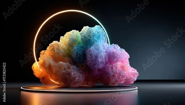 Obraz A vibrant, colorful, and abstract structure sits atop a dark pedestal, illuminated by a glowing neon ring.