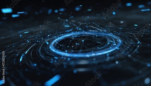 Obraz A dynamic, swirling design features a central ring of bright blue light, outlined by connecting lines and dots, on a dark background.