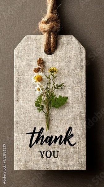 Fototapeta Natural thank you tag features flower arrangement on rustic background with twine