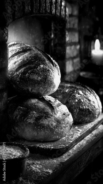 Fototapeta Freshly baked bread on a wooden table near a warm fireplace