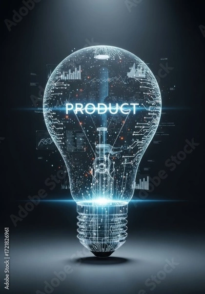 Fototapeta Glowing digital light bulb with PRODUCT text inside, symbolizing innovation and technology