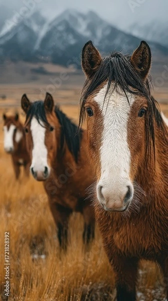 Fototapeta Horses grazing in a mountainous field during a cloudy day in the countryside