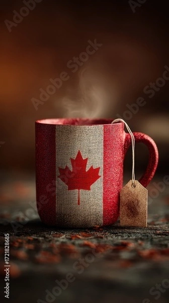 Fototapeta Red mug with Canadian flag design holding steaming tea on a textured surface