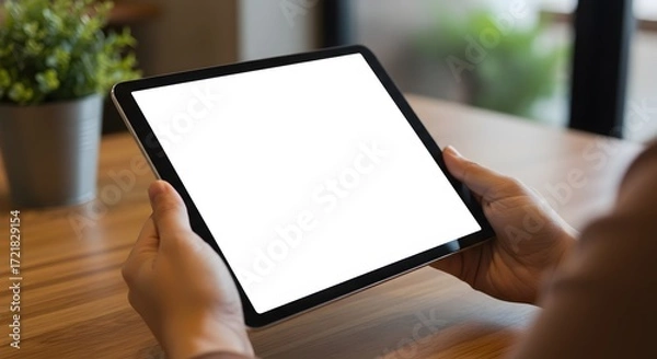 Fototapeta Hands Holding a Blank Screen Tablet Mockup in a Modern Cafe or Office Setting