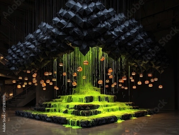 Fototapeta enchanting black paper origami waterfall: a unique poster design featuring glowing green slime streams and jack-o’-lanterns for sports or halloween-themed interiors