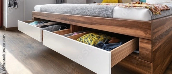 Fototapeta Modern wooden bed with built in drawers space saving bedroom storage solution