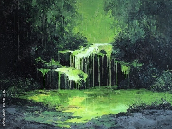 Fototapeta enigmatic ink waterfall: a striking poster for contemporary interiors, featuring streams of black ink dripping into a green-lit pond
