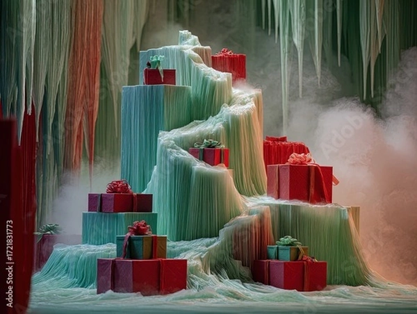 Fototapeta surreal origami waterfall: icy threads cascading from folded cliffs into a crystalline pool - perfect poster for unique sports décor and art enthusiasts!
