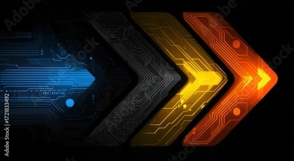 Obraz Three layered arrows, glowing with vibrant orange and blue light, emerge from a dark circuit board background.