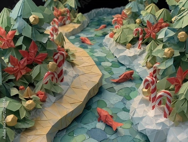 Fototapeta dynamic origami stream: a hyper-detailed visual of folding waves and paper valleys - perfect for sports interior posters or creative wall art