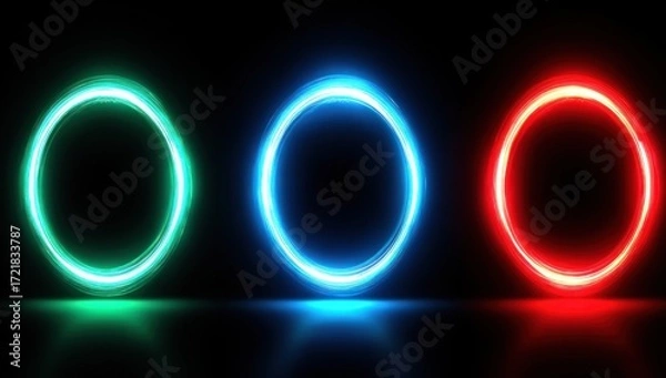 Obraz Three vibrant neon circles, glowing green, blue, and red, illuminate a dark backdrop.