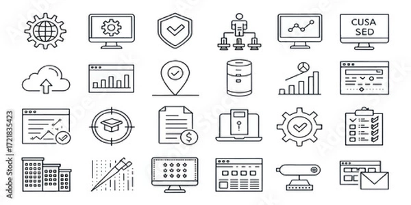 Fototapeta Line art business and technology icons set with computer, SEO, rocket, graph, light bulb, office, shield, and digital elements. Modern outline symbols for web, apps, marketing, and infographics.