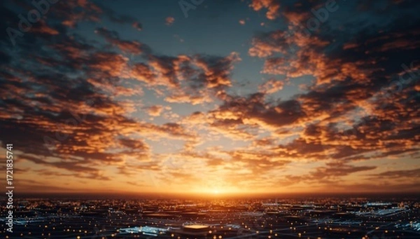 Obraz A breathtaking sunset panorama over a sprawling city, illuminated by warm golden hues and dotted with twinkling lights, showcasing a vast expanse of clouds.