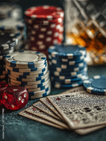 Fototapeta Playing cards featuring spade and face card are laid on a black table with poker chips and a glass of whiskey, creating a vibrant gambling atmosphere