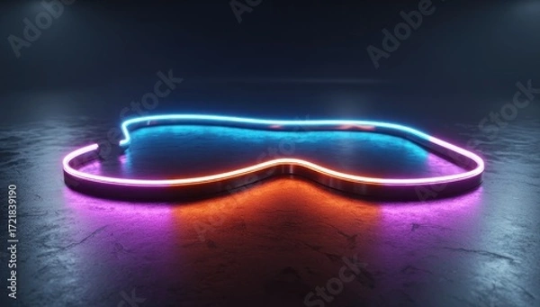 Obraz A vibrant neon light design, shaped like a shallow arch, illuminates a dark stone surface with cool blue and warm pink hues.