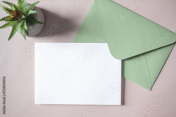 Fototapeta Empty white blank greeting or invitation card, green envelope, cactus on beige background.