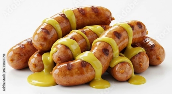 Fototapeta Appetitlich gegrillte Bratwurst goldgelb mit Senf ubergossen. AI Generated