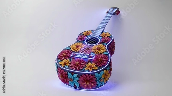 Fototapeta Floral guitar with neon lights acoustic flowers