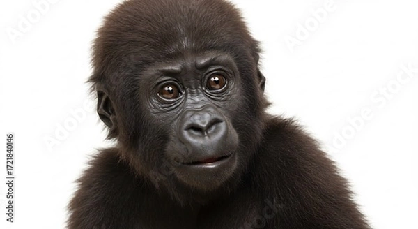 Fototapeta Junger Gorilla blickt neugierig weiches Licht betont s�sse Augen. AI Generated