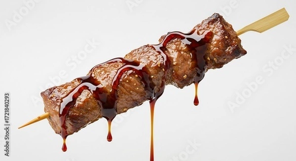Fototapeta Leckeres Rindfleischspie� gl�nzt saftig dunkelbraune Sauce tropft appetitlich. AI Generated