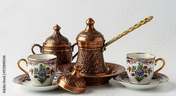 Fototapeta Handwerkliches Kupfer Kaffeek�nnchen zierlich dekoriert sanftes Licht Porzellantassen. AI Generated