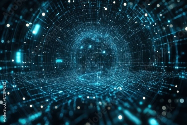 Fototapeta Abstract blue digital tunnel with glowing particles and grid patterns image