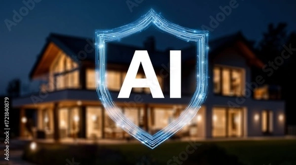 Fototapeta AI security shield protecting smart home at night image. Artificial intelligence house photography scene photorealistic. Cyber safety. Protection technology concept photo realistic