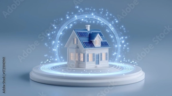 Fototapeta Modern solar house enclosed in energy particles image with digital overlay. Glowing protective ring around home photography conceptual. Light effect real estate concept photo realistic