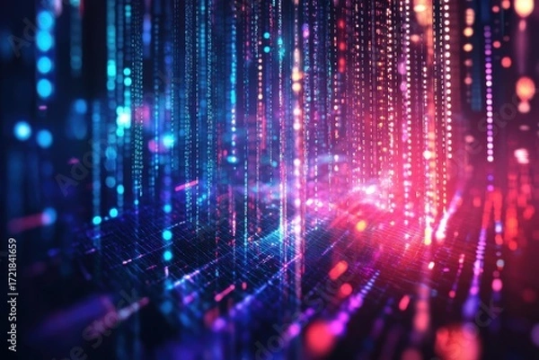 Fototapeta Abstract digital data streams with blue and pink neon lights background