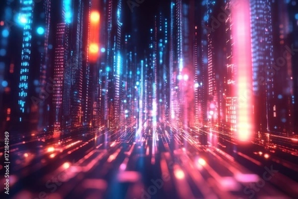 Fototapeta Neon digital cityscape with glowing data streams and abstract light trails background blue