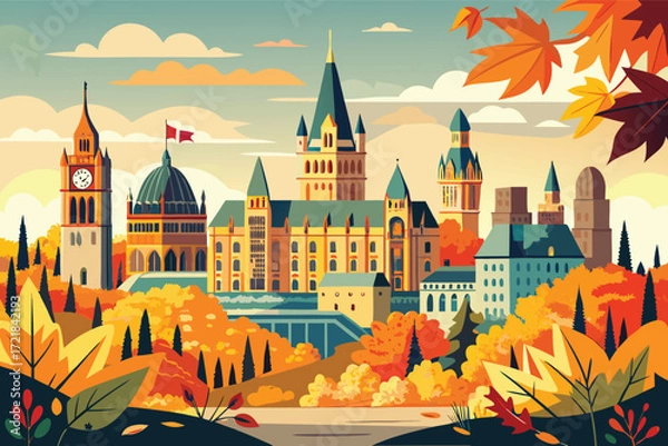 Fototapeta Colorful autumn landscape of a historic castle and vibrant trees near a river at sunset in a peaceful setting