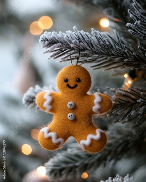 Obraz A handmade felt gingerbread man ornament hangs from a frosted Christmas tree branch.
