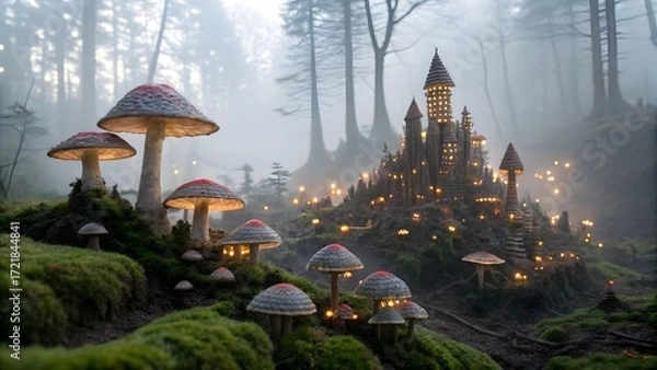 Fototapeta Mushroom village fantasy in mystical forest: A fairytale mushroom village nestled amidst a mysterious forest scene, where luminous mushrooms and a castle-like structure create an ethereal atmosphere.
