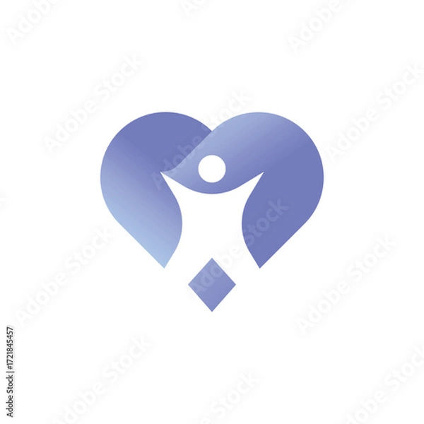 Fototapeta modern, minimalistic symbol featuring heart shaped elements in blue and purple gradients forming a person, symbolizing care, wellness