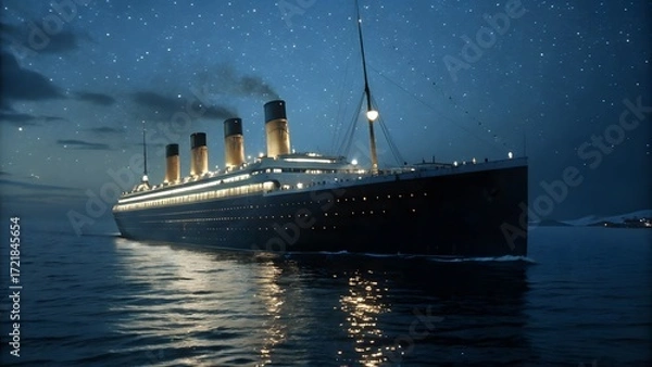 Fototapeta Titanic at night: A detailed depiction of the iconic ship sails serenely across the dark, starlit ocean. The vessel, illuminated against the night sky, evokes a sense of grandeur.
