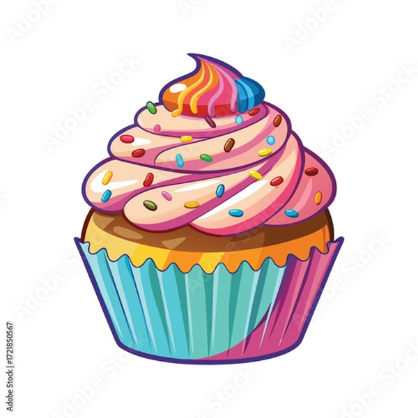 Fototapeta Delicious cupcake with swirl frosting and colorful sprinkles for sweet treats