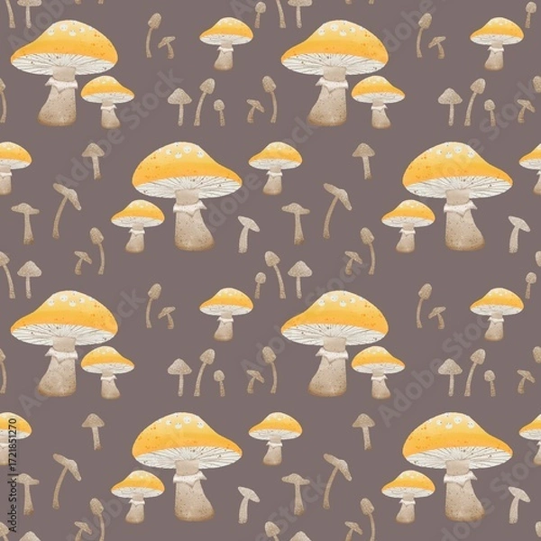 Fototapeta Seamless Pattern of Hand Drawn Yellow Mushrooms on Brown Background