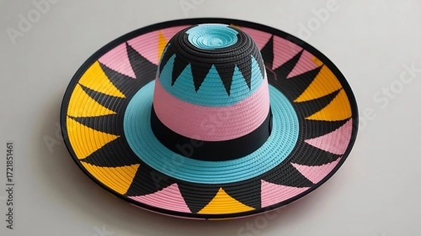Fototapeta Colorful woven sombrero with geometric patterns straw