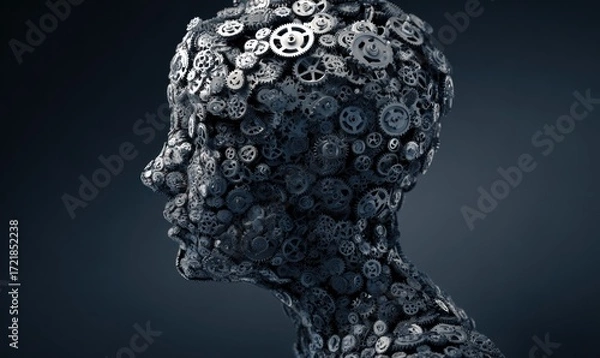 Obraz A profile view of a human head composed of intricate gears and mechanical parts, showcasing a complex and thought-provoking design.