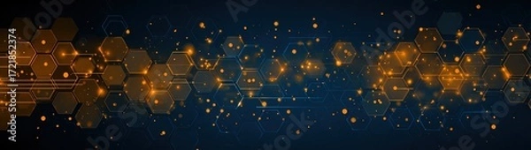 Obraz A dynamic graphic design showcasing a network of glowing hexagons against a dark navy blue background.