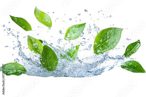 Fototapeta Fresh green leaves with water splashes against black background isolated on a transparent background